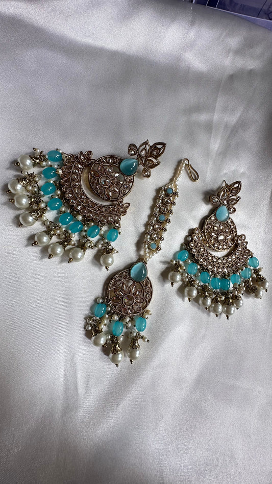 Reverse AD tikka and earring sky blue feroza