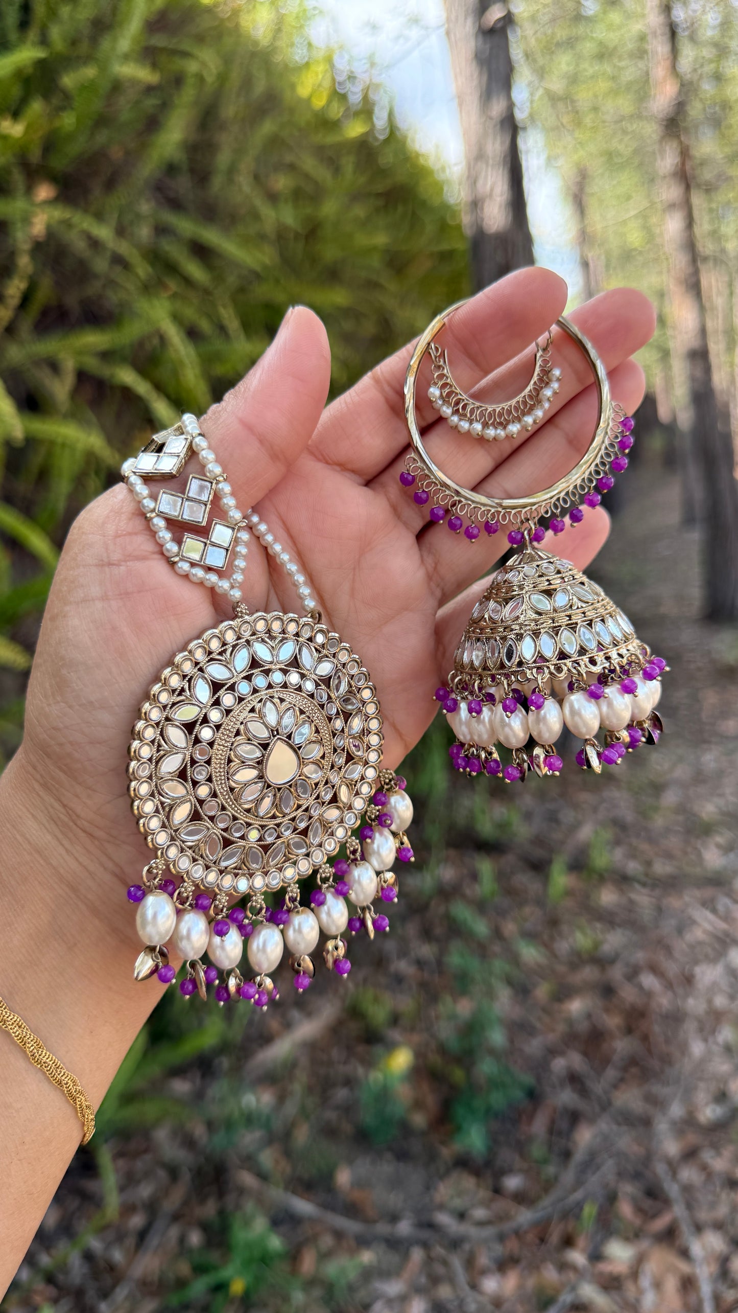 jhumka earrings with matching tikka, adorned with mirrors and intricate detailing, ideal for bridal and cultural events or casual party wear