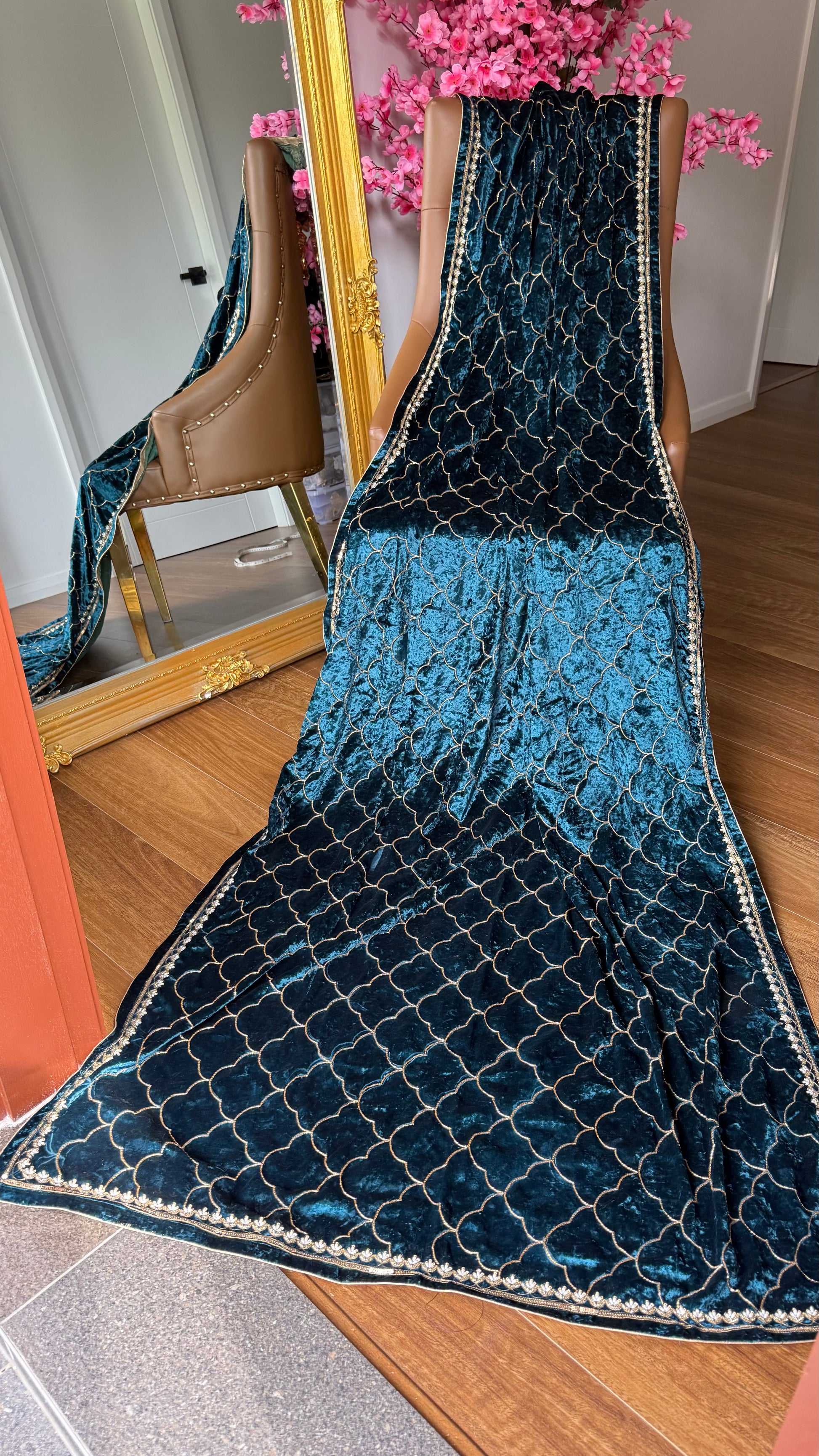 peacock blue  velvet shawl with gold embroidery for winter