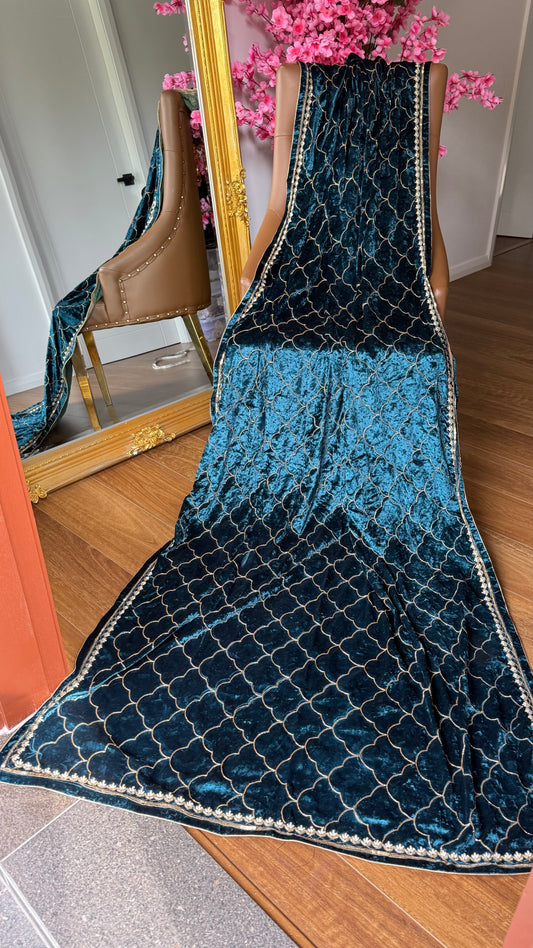 peacock blue  velvet shawl with gold embroidery for winter