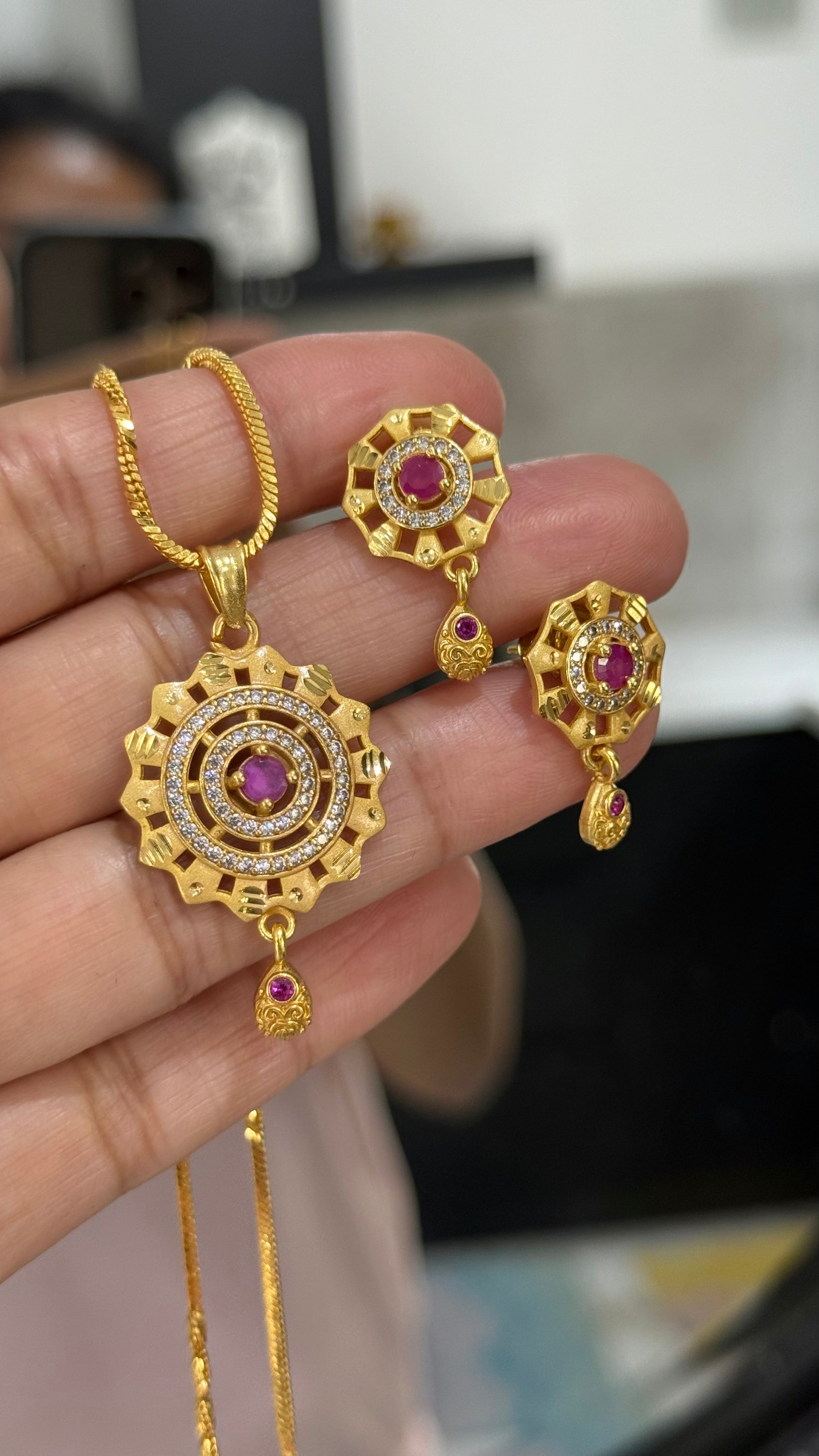 Indian gold-plated pendant chain set with intricate design, traditional jewelry for festive occasions and weddings