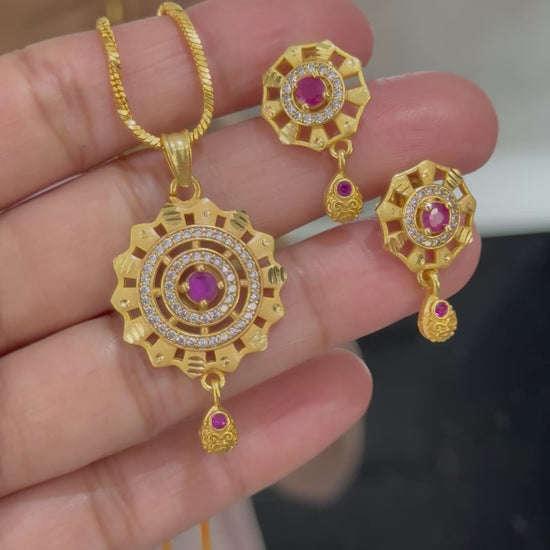 Indian gold-plated pendant chain set with intricate design, traditional jewelry for festive occasions and weddings