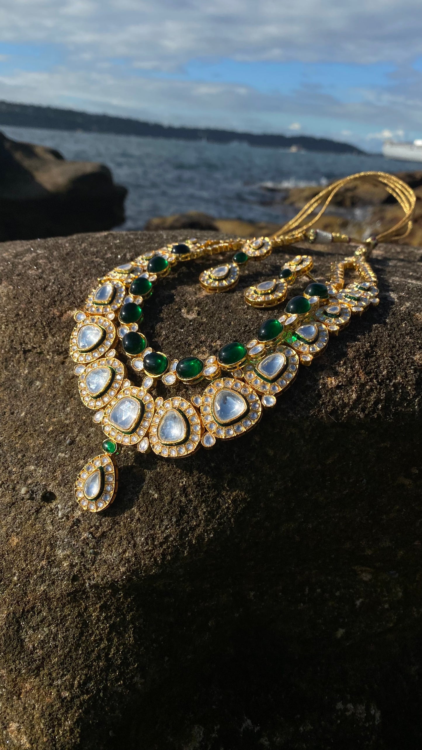 RAAVI uncut polki necklace double line Green perfect for bride