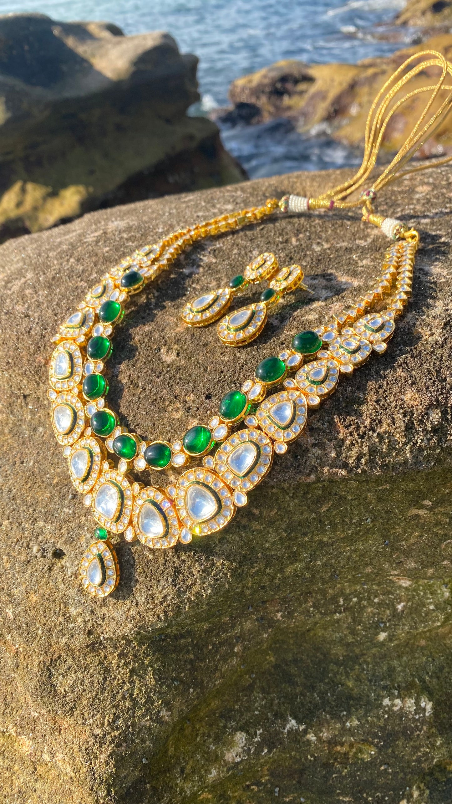 RAAVI uncut polki necklace double line Green perfect for bride