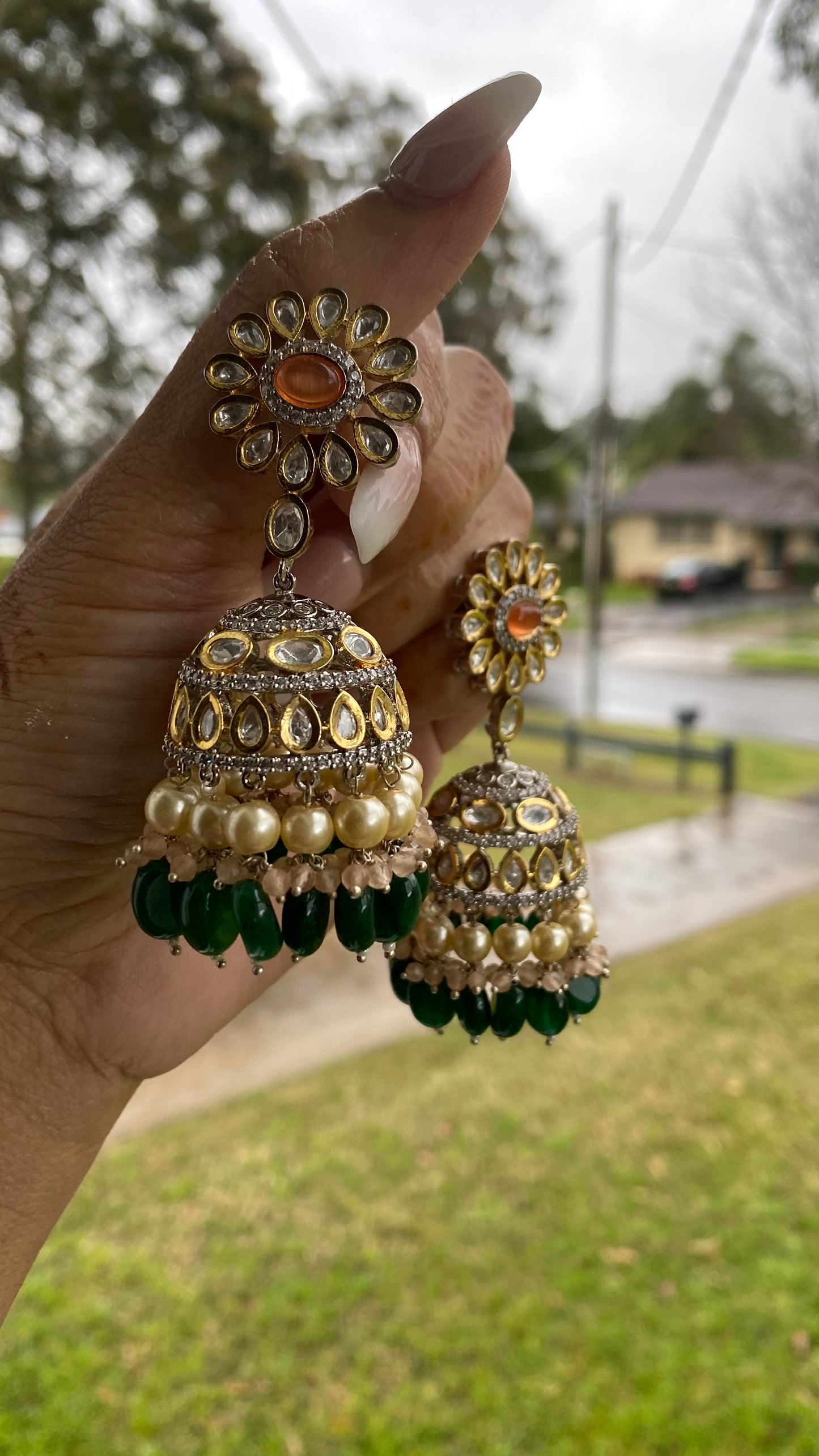 Uncut kundan jhumka green with orange