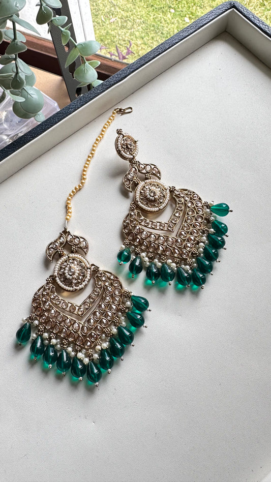 Green polki earrings and tikka