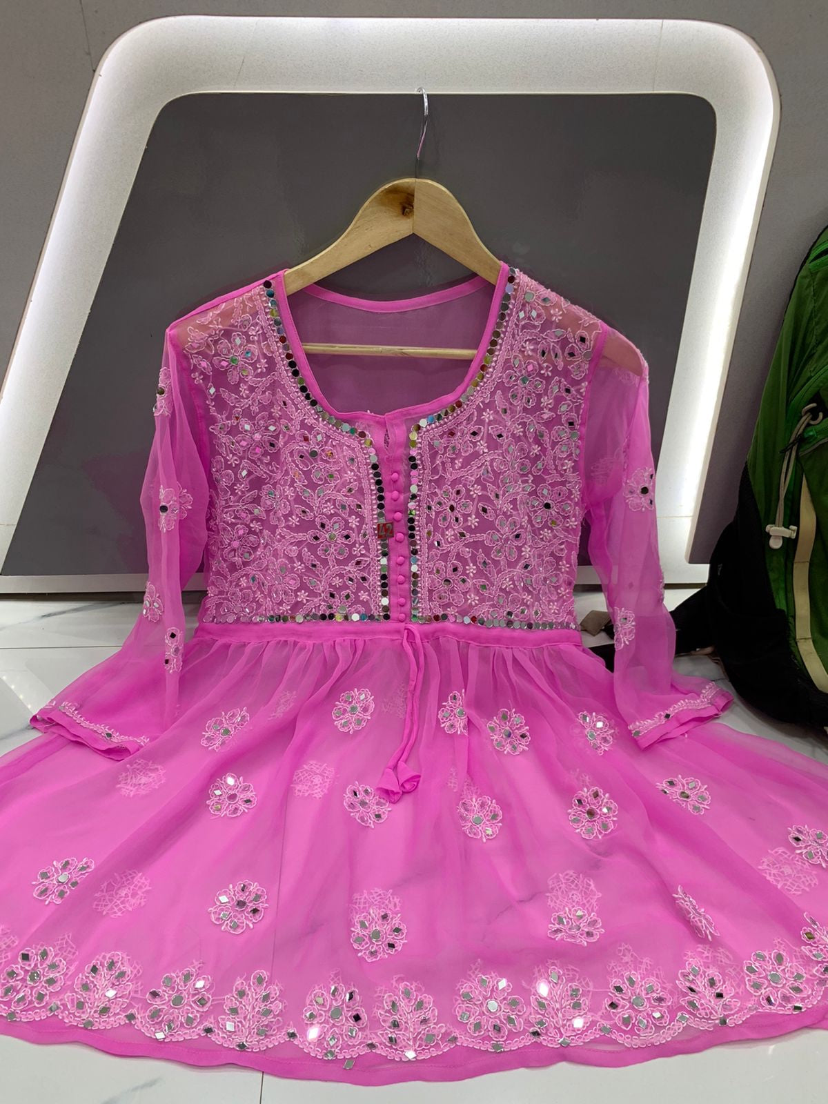 Hot pink short kurti with mirror