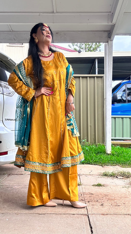 Katan silk Pakistani anarkali gown with dupatta